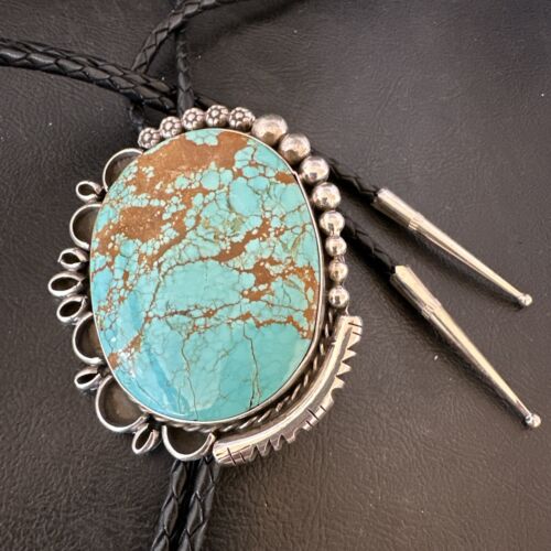 XL Men's Blue Turquoise #8 Bolo Tie | Navajo Sterling Silver | Authentic Native American Handmade | 17006