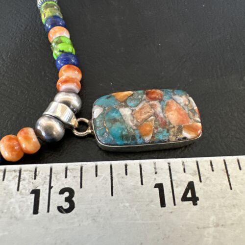 Navajo Spiny Oyster Turquoise Lapis Pendant Necklace | Sterling Silver | 21" | Authentic Native American Handmade | 16630