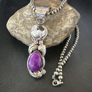 White Buffalo Turquoise & Sugilite Pendant | Navajo Pearls | Sterling Silver | Native American Handmade | 16871