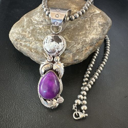 White Buffalo Turquoise & Sugilite Pendant | Navajo Pearls | Sterling Silver | Native American Handmade | 16871