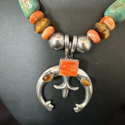Men's Tigers Eye Green TurquoiseNaja Pendant Necklace | Navajo Sterling Silver | 24" | Authentic Native American Handmade | 15223
