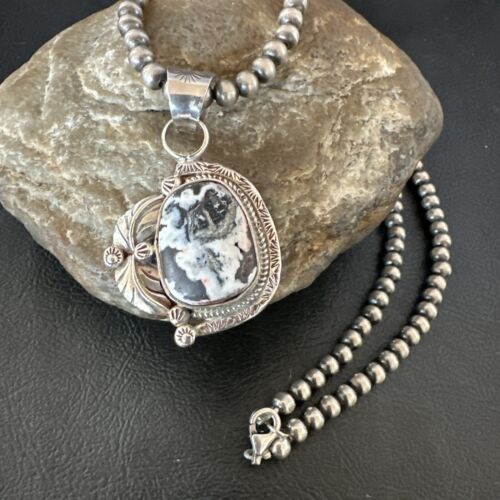 Men's White Buffalo Turquoise Pendant Necklace | Navajo Pearls | Sterling Silver | Native American Handmade | 17331