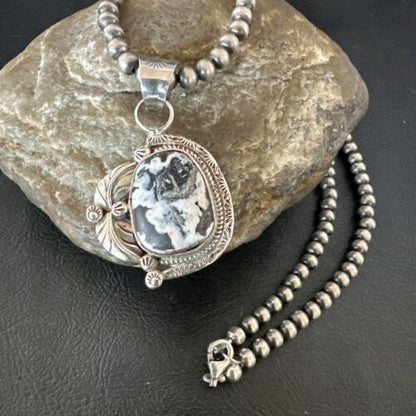 Men's White Buffalo Turquoise Pendant Necklace | Navajo Pearls | Sterling Silver | Native American Handmade | 17331