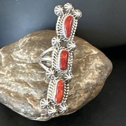 Navajo Red Coral Cluster Ring | Authentic Native American Sterling Silver | Multi-Stone | Sz 11.5 | 16329