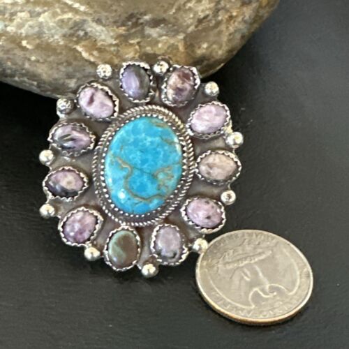 Navajo Cluster Blue Kingman Turquoise Charoite Ring | Authentic Native American Sterling Silver | Multi-Stone | Sz 9.5 | 17178