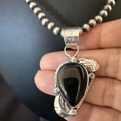 Navajo Pearls Black Onyx Necklace Pendant | Sterling Silver | Authentic Native American Handmade | 16527