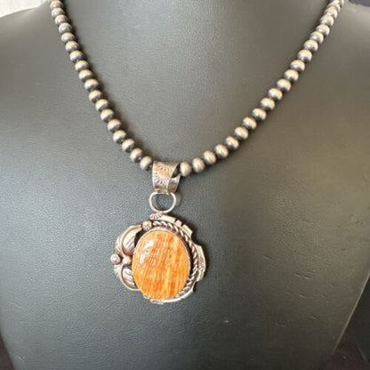 Navajo Orange Spiny Oyster Pendant Necklace | Sterling Silver Pearls | Authentic Native American Handmade | 16559