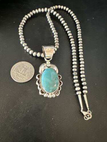 Navajo Pearls Blue Turquoise Necklace Pendant | Sterling Silver | Authentic Native American Handmade | 14881