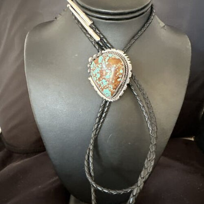 Men's Blue Turquoise #8 Bolo Tie | Navajo Sterling Silver | Authentic Native American Handmade | 16811