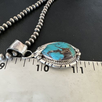 Navajo Blue Kingman Turquoise Pendant Necklace | Sterling Silver | Native American Handmade | 16023