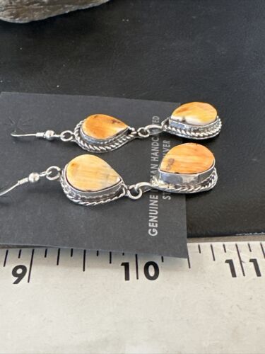 Navajo Orange Spiny Oyster Dangle Earrings | Sterling Silver | 1.5" | Authentic Native American Handmade | 16575