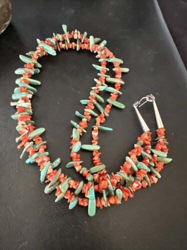 Navajo Green Turquoise Coral Stick Bead Necklace | Sterling Silver | 22" | Authentic Native American Handmade | 17255