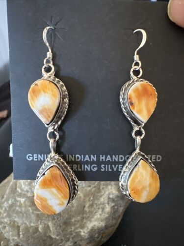 Navajo Orange Spiny Oyster Dangle Earrings | Sterling Silver | 1.5" | Authentic Native American Handmade | 16572