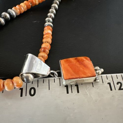 Navajo Pearls Sterling Silver Necklace with Orange Spiny Oyster Pendant | 17049