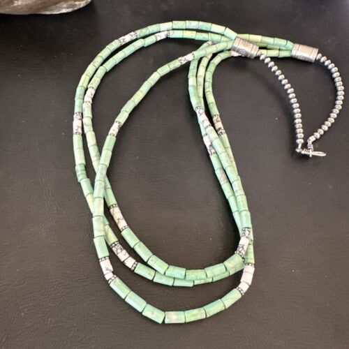 Navajo Pearls Green Turquoise Necklace | Sterling Silver | Authentic Native American Handmade | 3S 17395