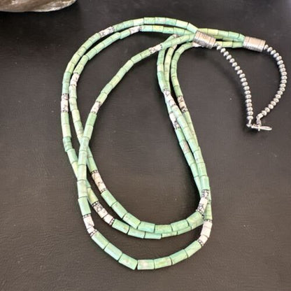 Navajo Pearls Green Turquoise Necklace | Sterling Silver | Authentic Native American Handmade | 3S 17395