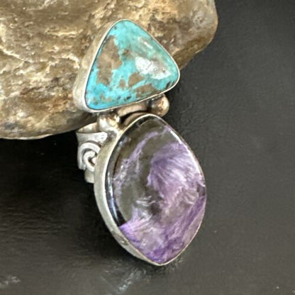 Navajo Blue Turquoise Purple Charoite Ring | Authentic Native American Sterling Silver | Multi-Stone | Sz 8 | 15916