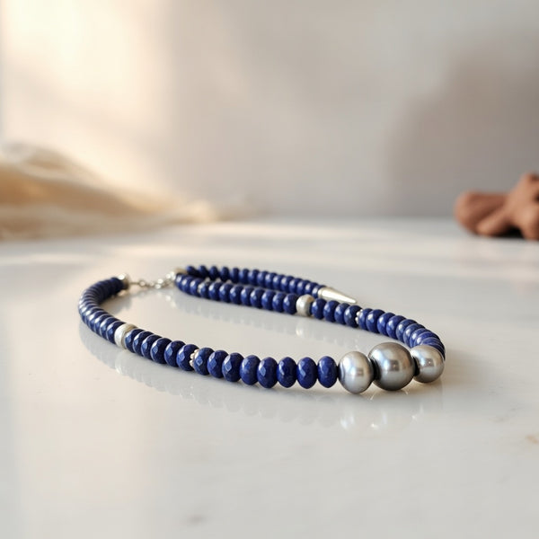 Men's Blue Lapis Lazuli Navajo Pearls Necklace 24" | Sterling Silver | Authentic Native American Handmade | 13956