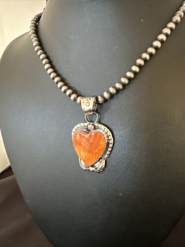 Navajo Orange Spiny Oyster Heart Pendant Necklace | Sterling Silver | Authentic Native American Handmade | 16414