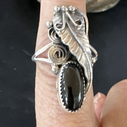 Navajo Black Onyx Ring | Sterling Silver | Sz 7.5 | Authentic Native American Handmade | 15406