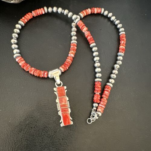 Navajo Red Spiny Oyster Pendant Necklace | Sterling Silver Inlay | Authentic Native American Handmade | 16853