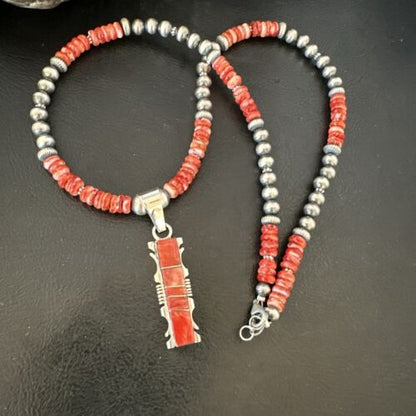 Navajo Red Spiny Oyster Pendant Necklace | Sterling Silver Inlay | Authentic Native American Handmade | 16853