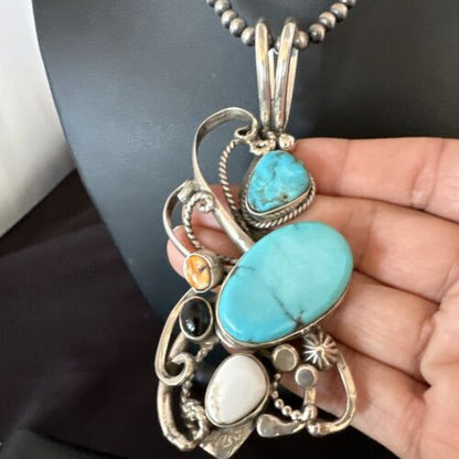 Navajo White Buffalo Kingman Turquoise Sterling Silver Pendant Necklace | 21" | Handmade 15949