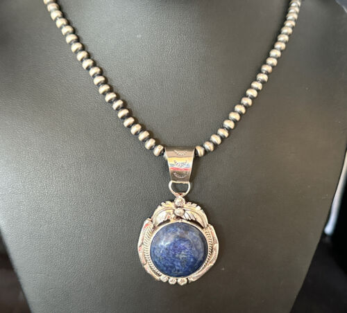 Men's Denim Lapis Lazuli Pendant Necklace | Navajo Beads | Sterling Silver | Authentic Native American Handmade | 14884