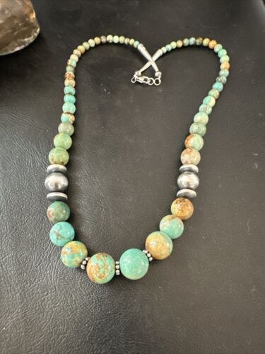 Navajo Green Turquoise Bead Necklace | Sterling Silver | Graduated | 20" | Authentic Native American | 17433