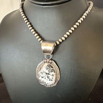 Men's White Buffalo Turquoise Pendant Necklace | Navajo Pearl Sterling Silver | 17041