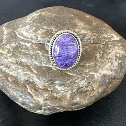 Navajo Purple Charoite Oval Ring | Sterling Silver | Adjustable Sz 9 | Authentic Native American Handmade | 17248
