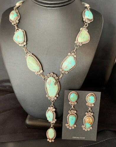 Navajo Blue Turquoise Lariat Necklace Set | Authentic Native American Sterling Silver | 30" | 13834