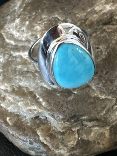 Navajo Sterling Silver Blue Kingman Turquoise Ring | Sz 8 | Authentic Native American Handmade | 17597