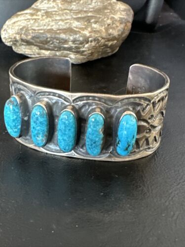 XL Men's Kingman Turquoise 5 Stone Cuff Bracelet | Navajo Sterling Silver | Authentic Native American Handmade | 15858