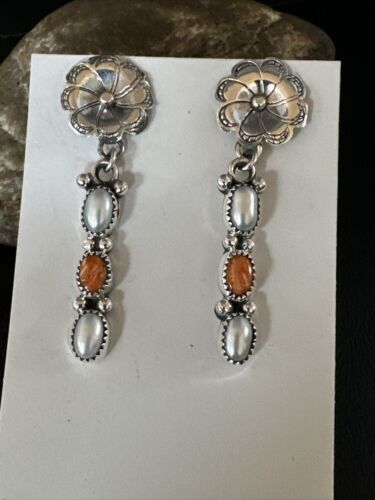 Navajo Orange Spiny Oyster Dangle Earrings | Sterling Silver Pearls | Authentic Native American Handmade | 15328