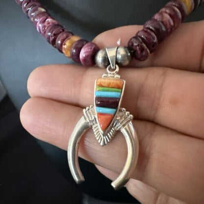 Navajo Purple Spiny Oyster Turquoise Naja Pendant Necklace | Sterling Silver | Authentic Native American Handmade | 16809