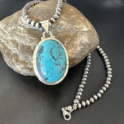Men's Navajo Blue Spiderweb Turquoise Pendant Necklace | Sterling Silver | Authentic Native American Handmade | 16226