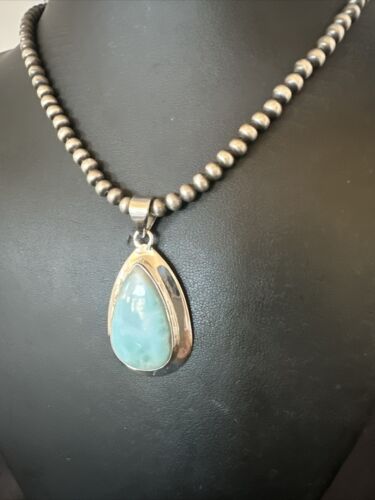 Navajo Blue Larimar Pendant Necklace | Sterling Silver Beads | Authentic Native American Handmade | 17566