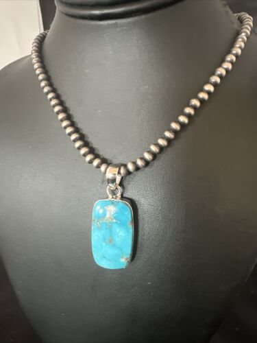 Blue Kingman Turquoise Pendant | Navajo Pearls | Sterling Silver Necklace 20" | 16696