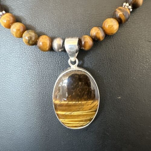 Southwestern Coffee Brown Tiger's Eye Pendant Necklace | Sterling Silver | Native American Handmade | 15867