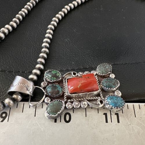 Navajo Turquoise Coral Cluster Pendant Necklace | Sterling Silver | Native American Handmade | 17185