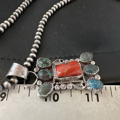 Navajo Turquoise Coral Cluster Pendant Necklace | Sterling Silver | Native American Handmade | 17185