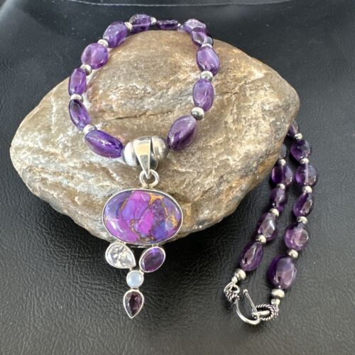 Mojave Turquoise Amethyst Pendant Necklace | Navajo Pearls | Sterling Silver | Native American Handmade | 16097