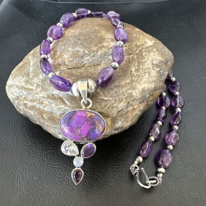 Mojave Turquoise Amethyst Pendant Necklace | Navajo Pearls | Sterling Silver | Native American Handmade | 16097