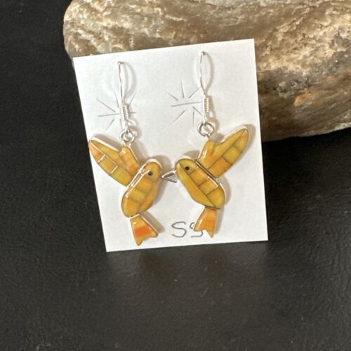 Navajo Orange Spiny Oyster Hummingbird Dangle Earrings | Sterling Silver | Authentic Native American Handmade | 15089