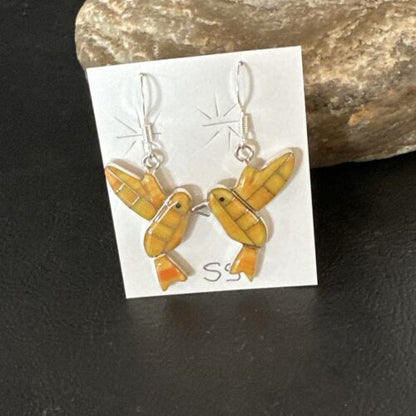 Navajo Orange Spiny Oyster Hummingbird Dangle Earrings | Sterling Silver | Authentic Native American Handmade | 15089