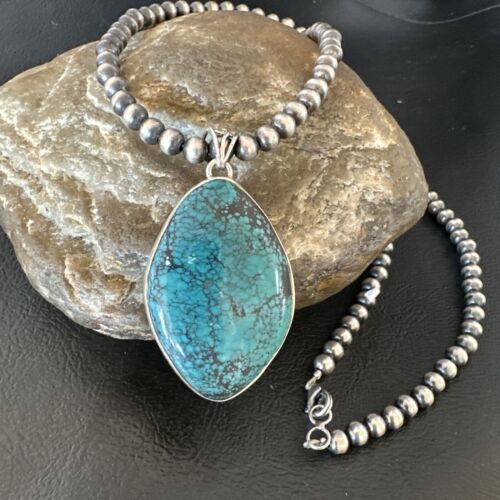 Men's Navajo Blue Spiderweb Turquoise Pendant Necklace | Sterling Silver | Authentic Native American Handmade | 16271