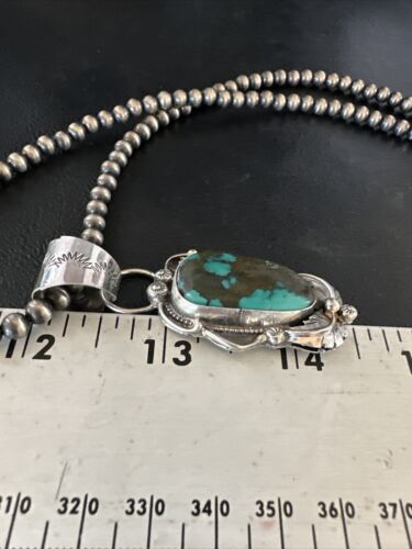 Navajo Blue Spiderweb Turquoise Pendant Necklace | Sterling Silver Pearls | Authentic Native American Handmade | 15095 - Masha USA