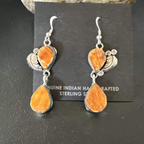 Navajo Orange Spiny Oyster Dangle Earrings | Sterling Silver | 1.5" | Authentic Native American Handmade | 16566