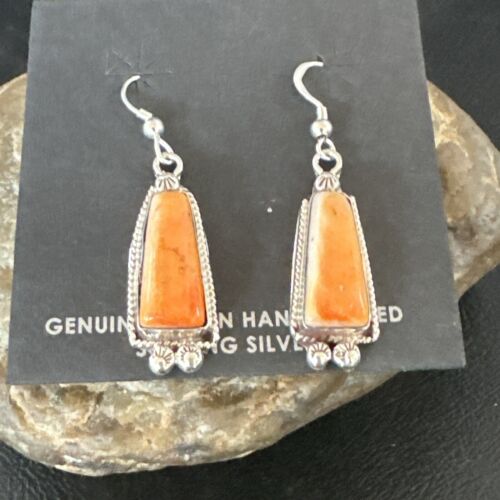 Navajo Orange Spiny Oyster Dangle Earrings | Sterling Silver | Authentic Native American Handmade | 17272